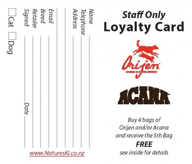 Loyalty Card - Orijen &amp; Acana Staff (bunch of 10)